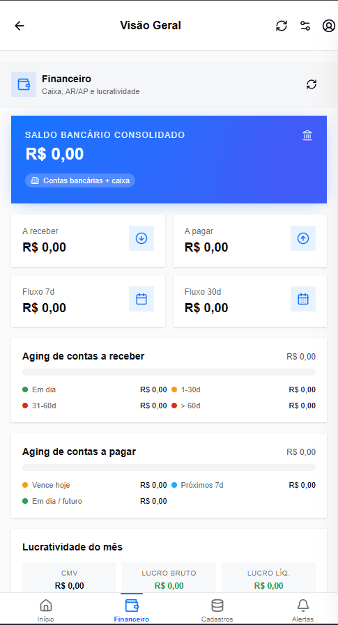 Norte Gestão no celular — visão geral financeira com saldo, a receber e a pagar